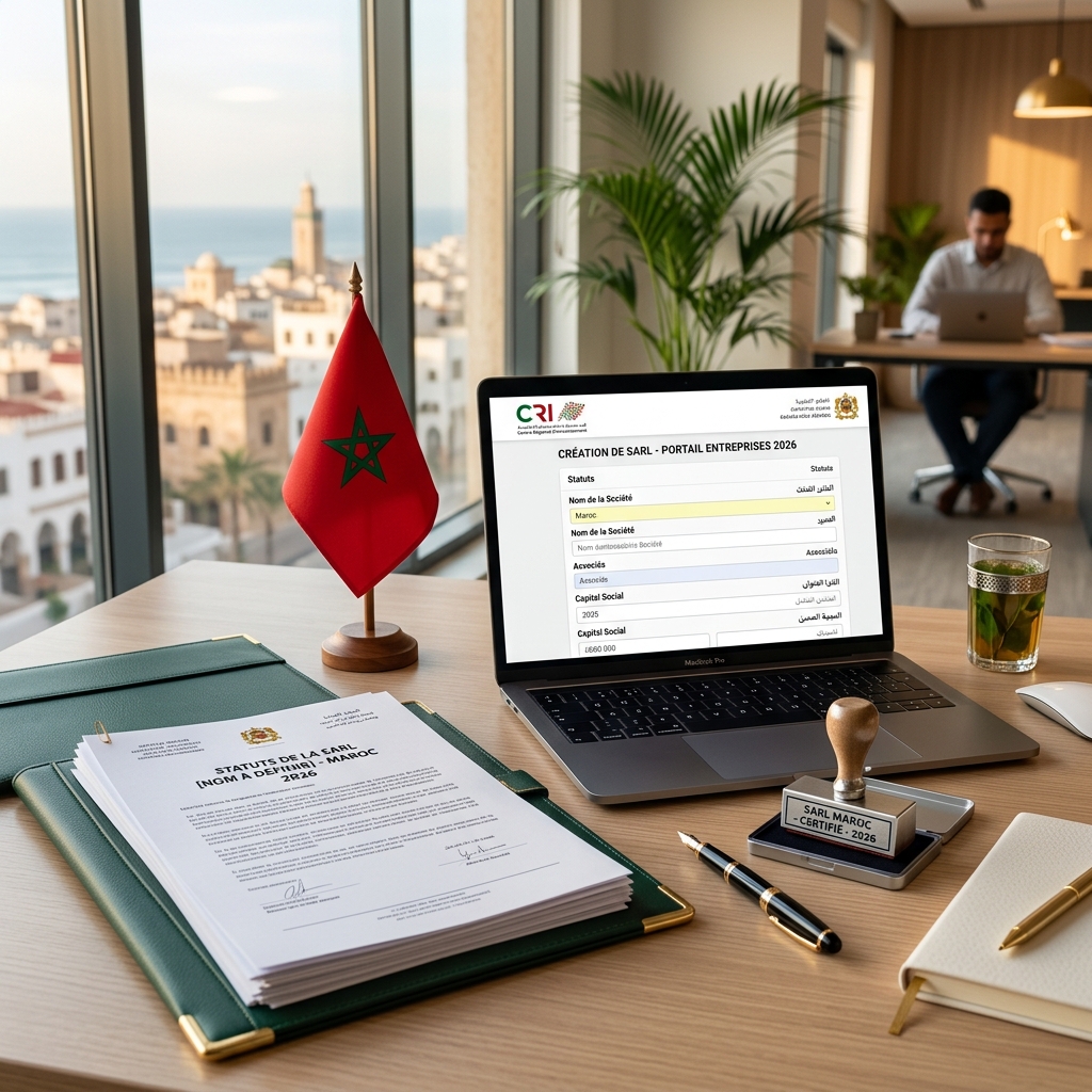 Documents de création d'entreprise SARL au Maroc avec drapeau marocain