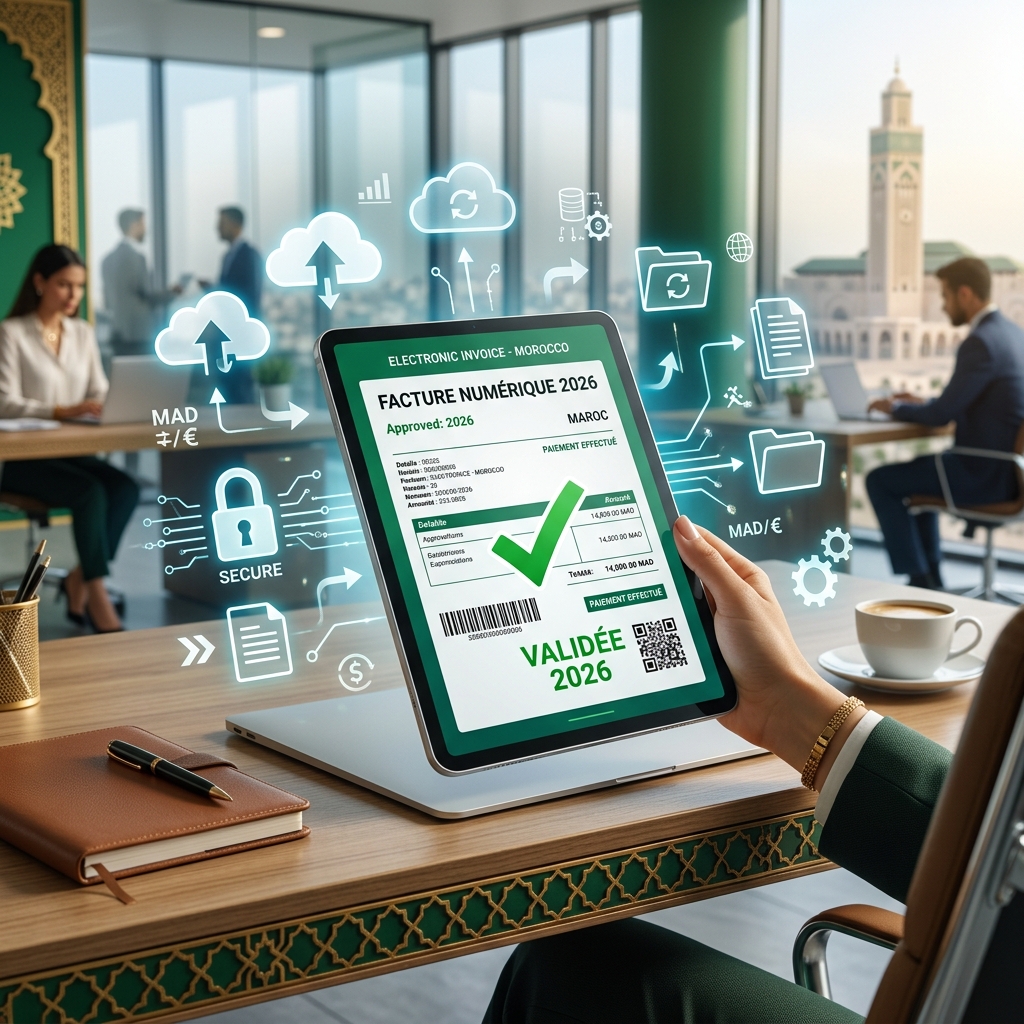 Facture électronique sur tablette avec symboles de transformation digitale au Maroc