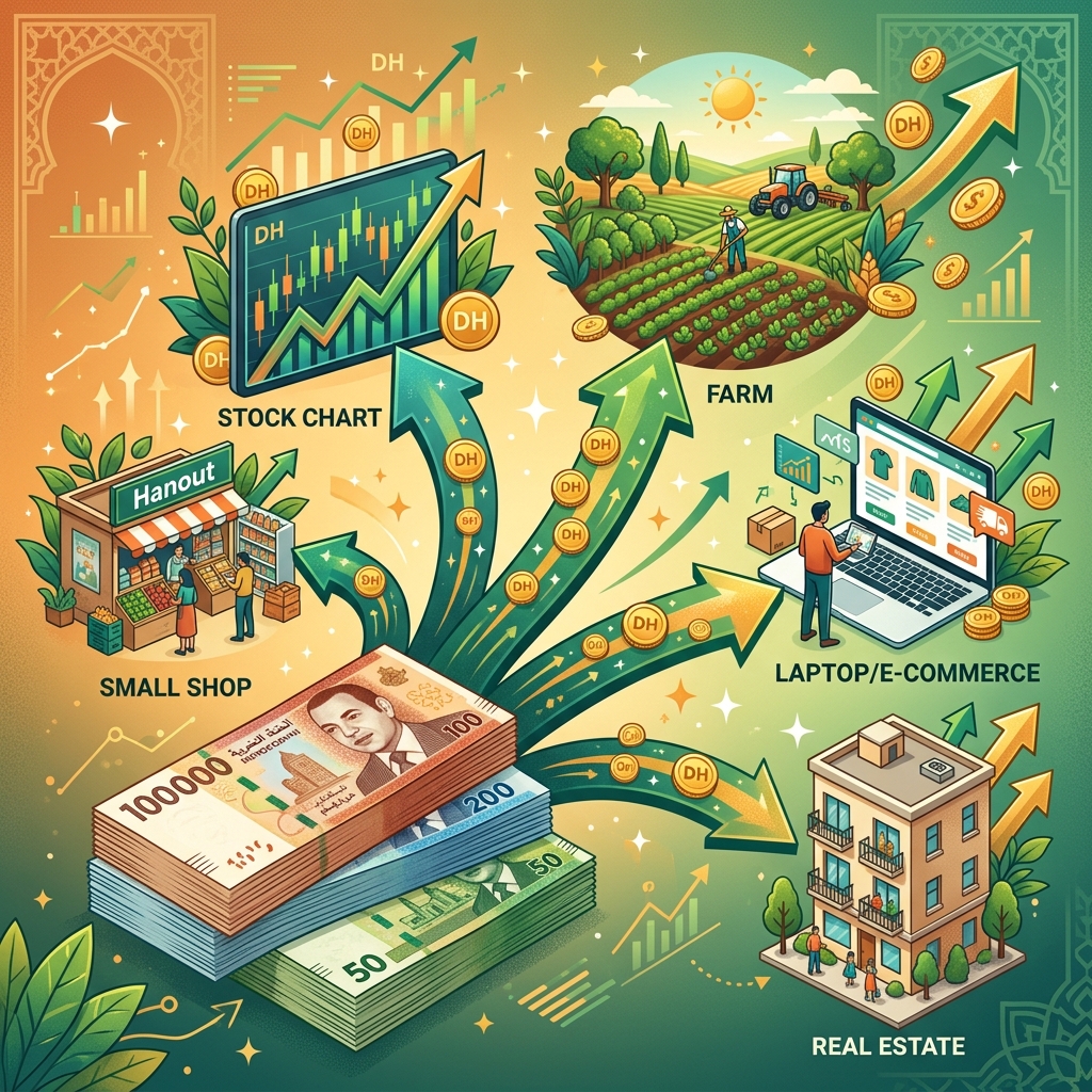 Billets de 100 dirhams marocains avec graphique de croissance d'investissement