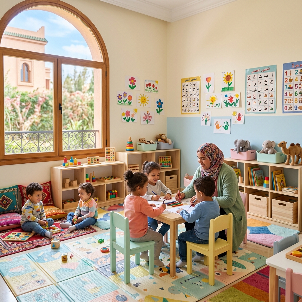 Crèche moderne au Maroc avec enfants jouant dans un espace coloré et sécurisé