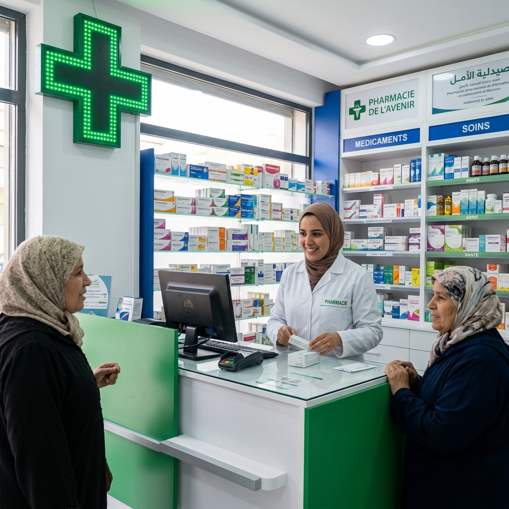 Pharmacie moderne au Maroc avec comptoir et rayonnages de médicaments