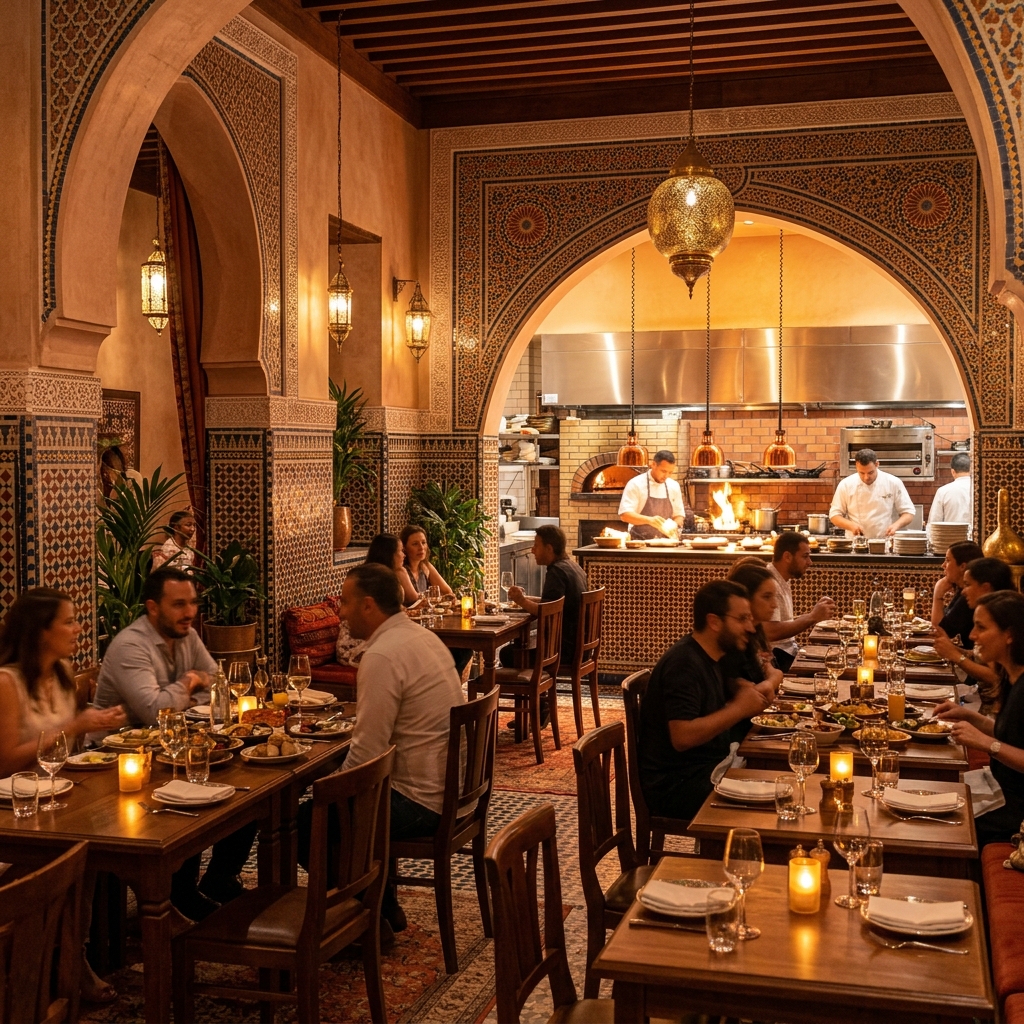 Intérieur d'un restaurant moderne au Maroc avec décoration orientale